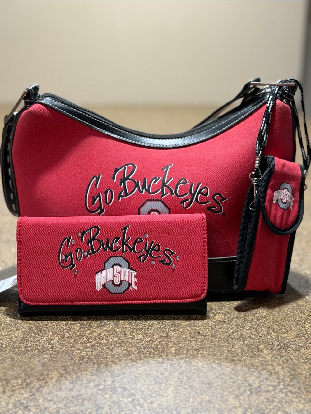 Red 'Go Buckeyes' Shoulder Bag Set with Matching Wallet and Pouch